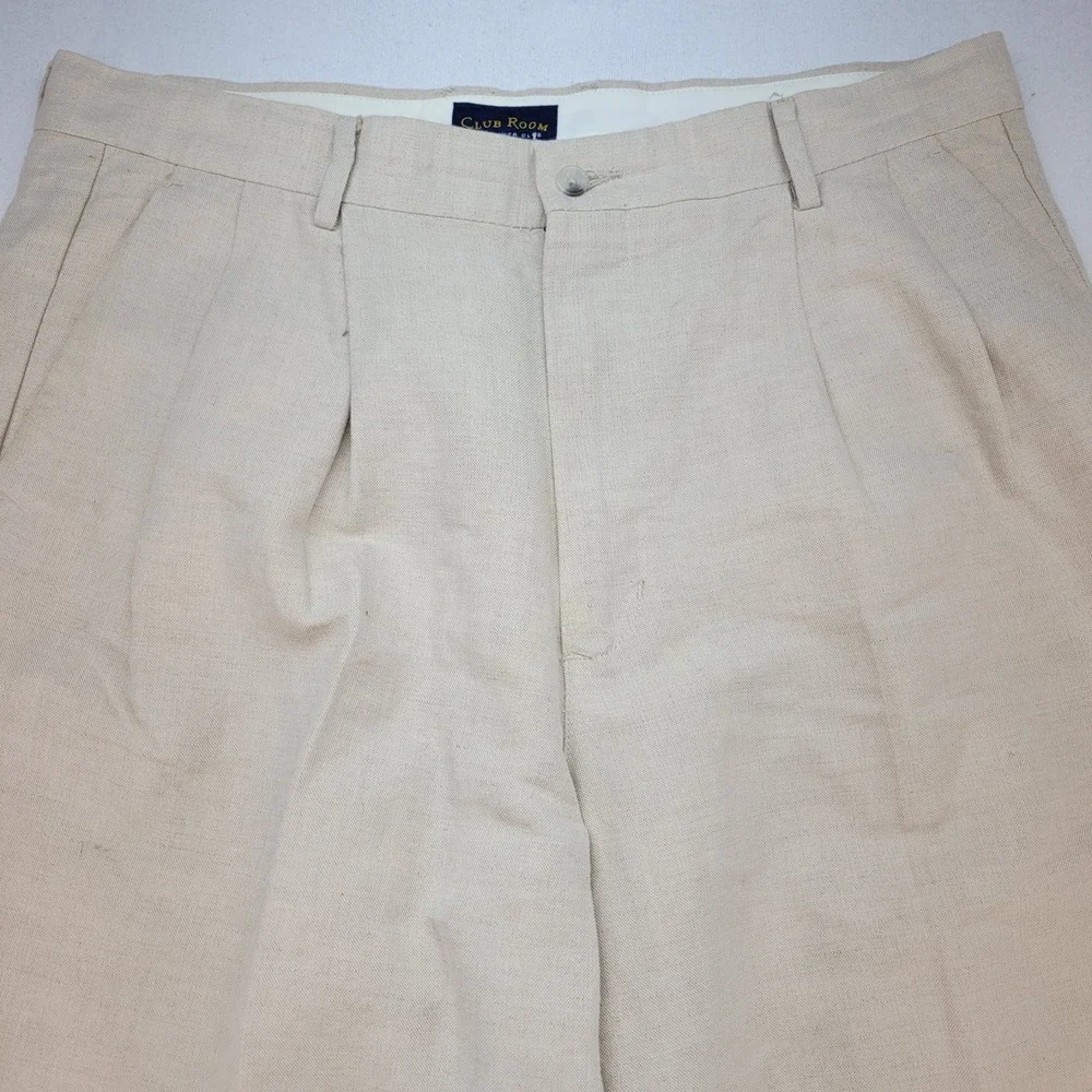 Club Room Pleated Trousers Mens 38x34 Beige Linen Cotton Cuffed Straight